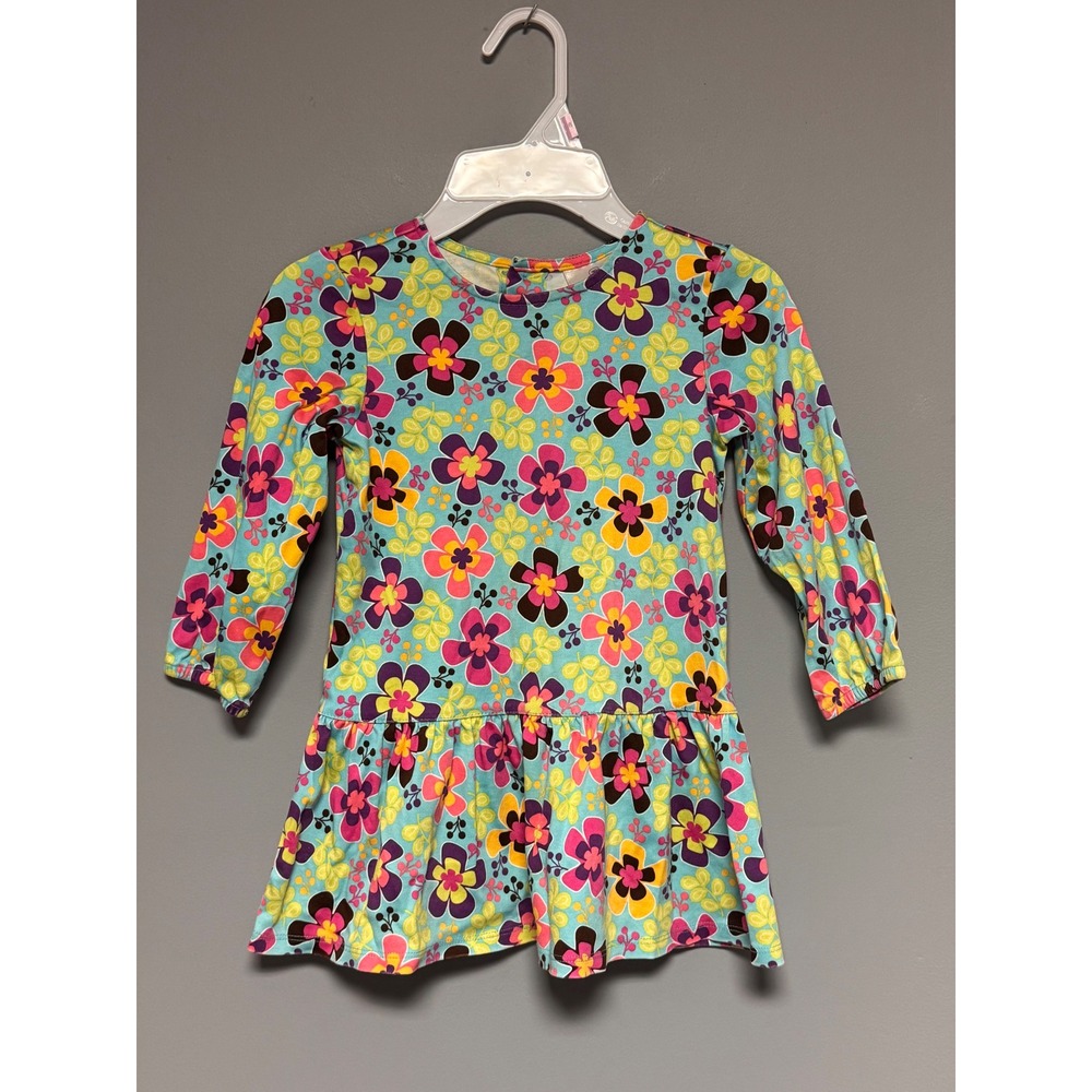 Hanna Andersson Girls Blue Floral Long Sleeve Peplum Dress Size 90 2T-3T Retro
